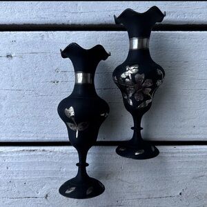Vintage Back Metal Vases with Ruffled Top Edging and Silver Inlay